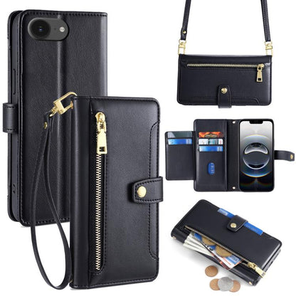 For iPhone 16e Sheep Texture Cross-body Zipper Wallet Leather Phone Case(Black) - iPhone 16e Cases by buy2fix | Online Shopping UK | buy2fix