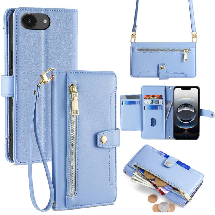 For iPhone 16e Sheep Texture Cross-body Zipper Wallet Leather Phone Case(Blue) - iPhone 16e Cases by buy2fix | Online Shopping UK | buy2fix