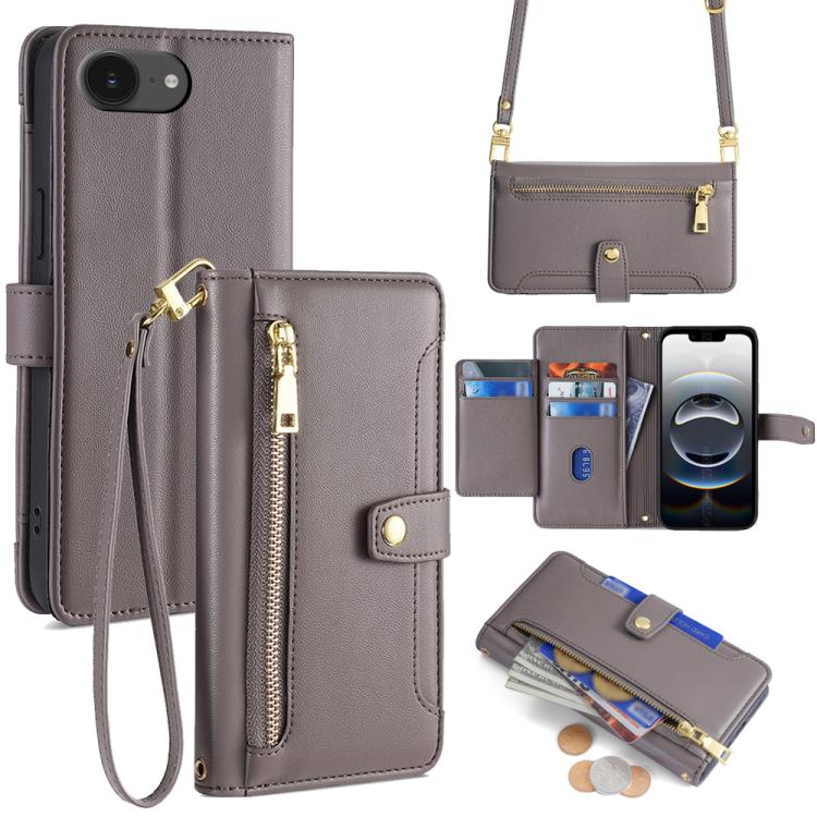 For iPhone 16e Sheep Texture Cross-body Zipper Wallet Leather Phone Case(Grey) - iPhone 16e Cases by buy2fix | Online Shopping UK | buy2fix