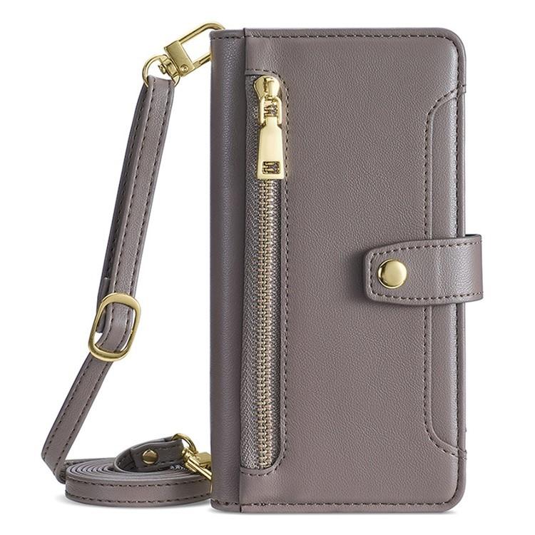 For iPhone 16e Sheep Texture Cross-body Zipper Wallet Leather Phone Case(Grey) - iPhone 16e Cases by buy2fix | Online Shopping UK | buy2fix