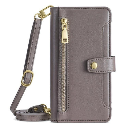 For iPhone 16e Sheep Texture Cross-body Zipper Wallet Leather Phone Case(Grey) - iPhone 16e Cases by buy2fix | Online Shopping UK | buy2fix