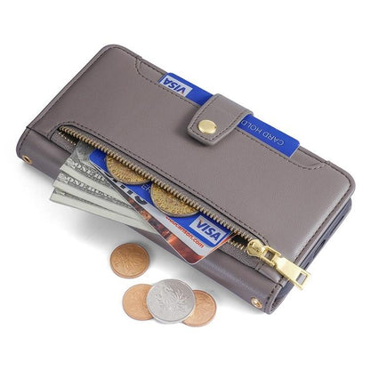 For iPhone 16e Sheep Texture Cross-body Zipper Wallet Leather Phone Case(Grey) - iPhone 16e Cases by buy2fix | Online Shopping UK | buy2fix