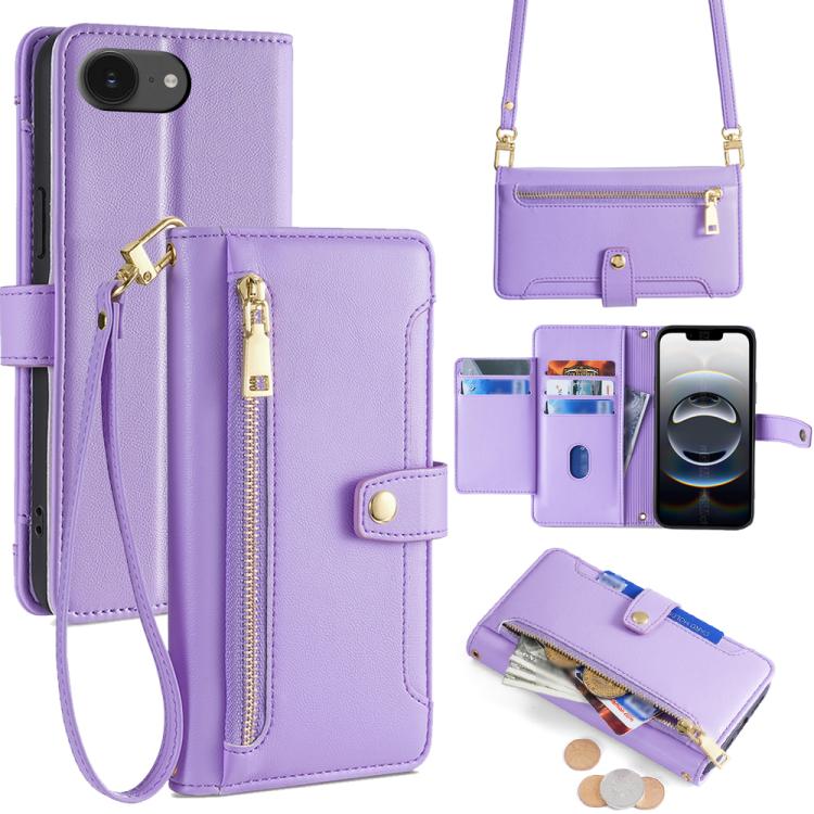 For iPhone 16e Sheep Texture Cross-body Zipper Wallet Leather Phone Case(Purple) - iPhone 16e Cases by buy2fix | Online Shopping UK | buy2fix