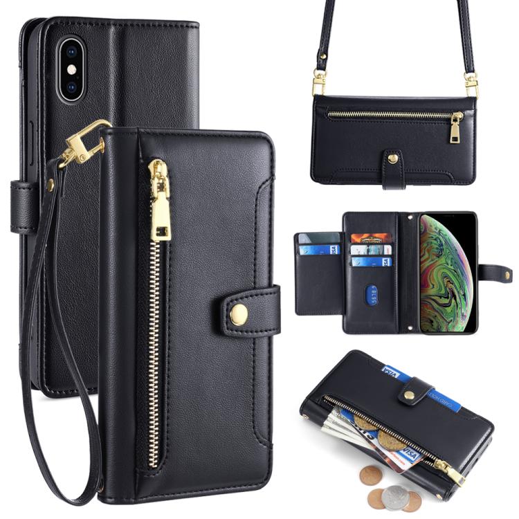 For iPhone XS Max Sheep Texture Cross-body Zipper Wallet Leather Phone Case(Black) - More iPhone Cases by buy2fix | Online Shopping UK | buy2fix