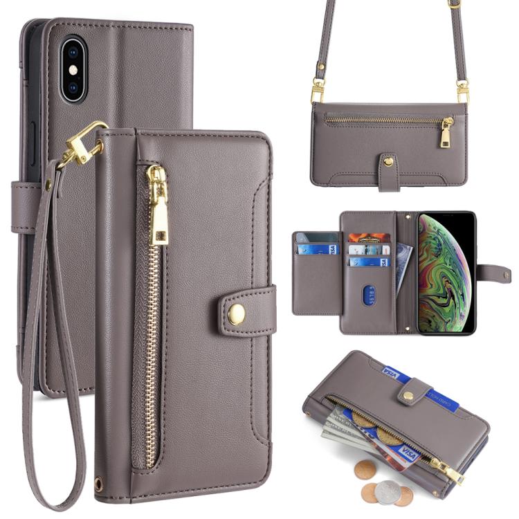 For iPhone XS Max Sheep Texture Cross-body Zipper Wallet Leather Phone Case(Grey) - More iPhone Cases by buy2fix | Online Shopping UK | buy2fix
