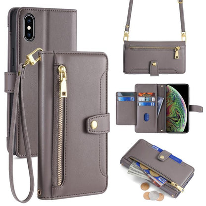 For iPhone XS Max Sheep Texture Cross-body Zipper Wallet Leather Phone Case(Grey) - More iPhone Cases by buy2fix | Online Shopping UK | buy2fix