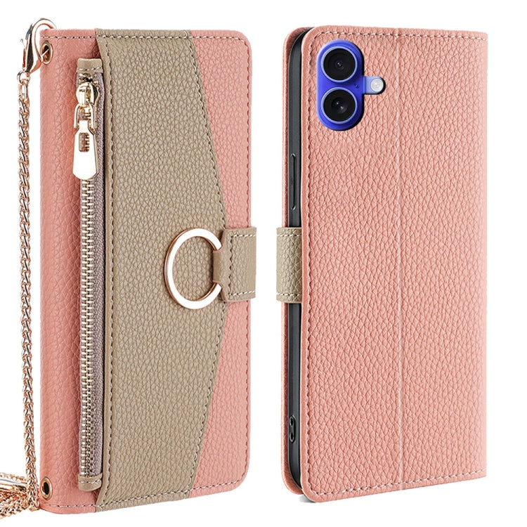 For iPhone 16 Plus Crossbody Litchi Texture Leather Phone Case(Pink) by buy2fix