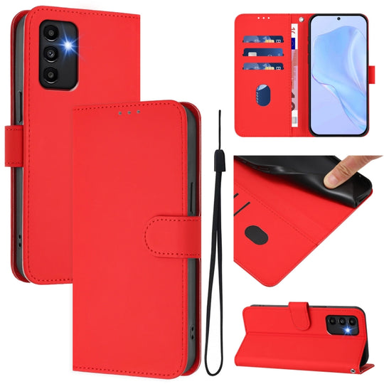 For Samsung Galaxy A13 5G / 4G / A04s Skin Feel Solid Color Leather Phone Case with Lanyard(Red)