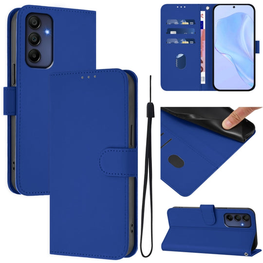 For Samsung Galaxy A16 5G / 4G Skin Feel Solid Color Leather Phone Case with Lanyard(Dark Blue)