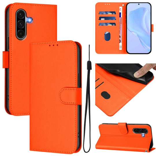 For Samsung Galaxy A56 5G Skin Feel Solid Color Leather Phone Case with Lanyard(Orange)