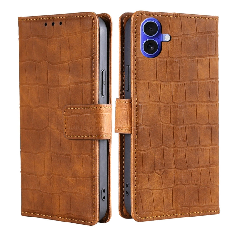 For iPhone 16 Plus Skin Feel Crocodile Magnetic Clasp Leather Phone Case(Brown) by buy2fix