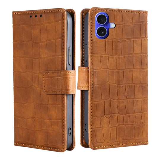 For iPhone 16 Plus Skin Feel Crocodile Magnetic Clasp Leather Phone Case(Brown) by buy2fix