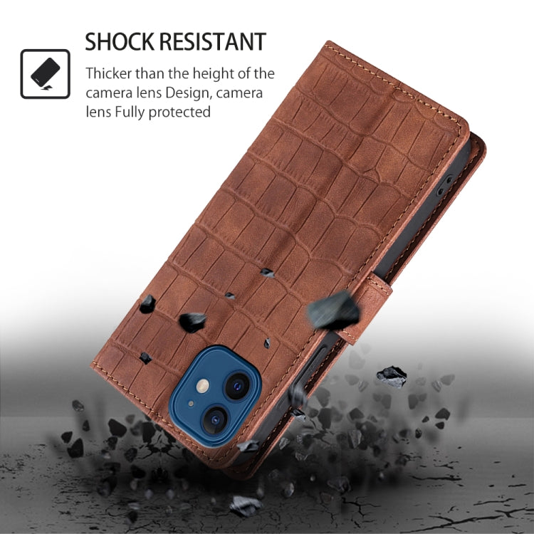 For iPhone 16 Plus Skin Feel Crocodile Magnetic Clasp Leather Phone Case(Brown) by buy2fix