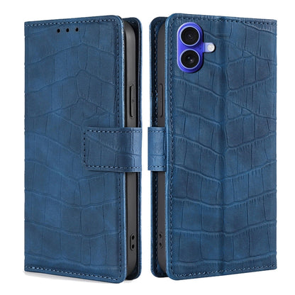 For iPhone 16 Plus Skin Feel Crocodile Magnetic Clasp Leather Phone Case(Blue) by buy2fix