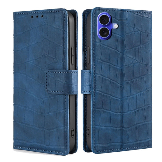 For iPhone 16 Plus Skin Feel Crocodile Magnetic Clasp Leather Phone Case(Blue) by buy2fix