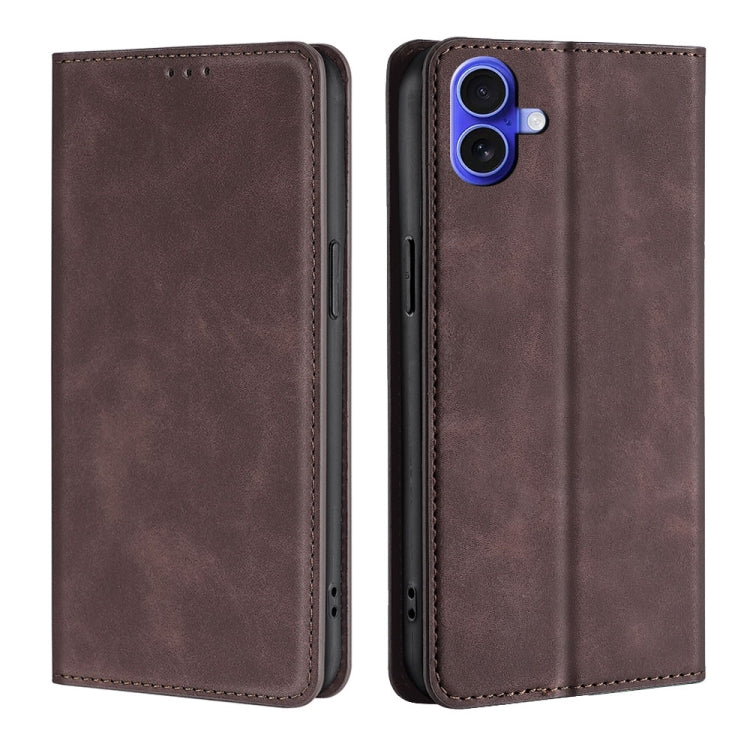 For iPhone 16 Skin Feel Magnetic Leather Phone Case(Dark Brown) - iPhone 16 Cases by buy2fix | Online Shopping UK | buy2fix