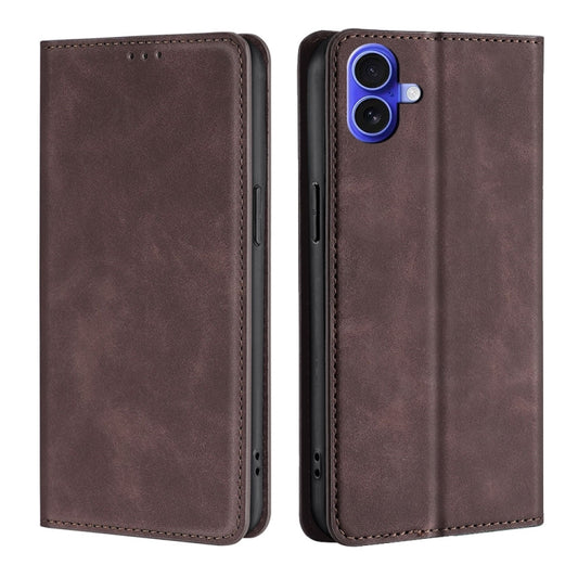For iPhone 16 Plus Skin Feel Magnetic Leather Phone Case(Dark Brown) by buy2fix