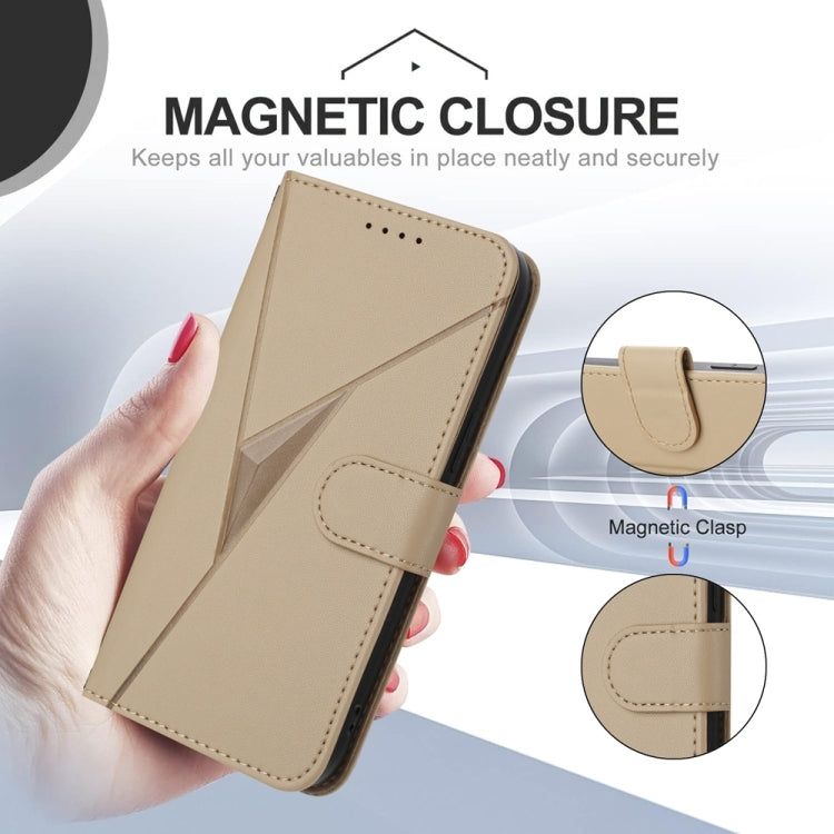 For iPhone 16e Triangle Pattern Buckle Clasp Leather Phone Case(Gold) - iPhone 16e Cases by buy2fix | Online Shopping UK | buy2fix