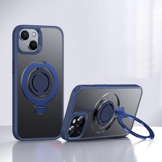 For iPhone 14 Frosted MagSafe Magnetic Rotating Ring Holder Phone Case(Blue)