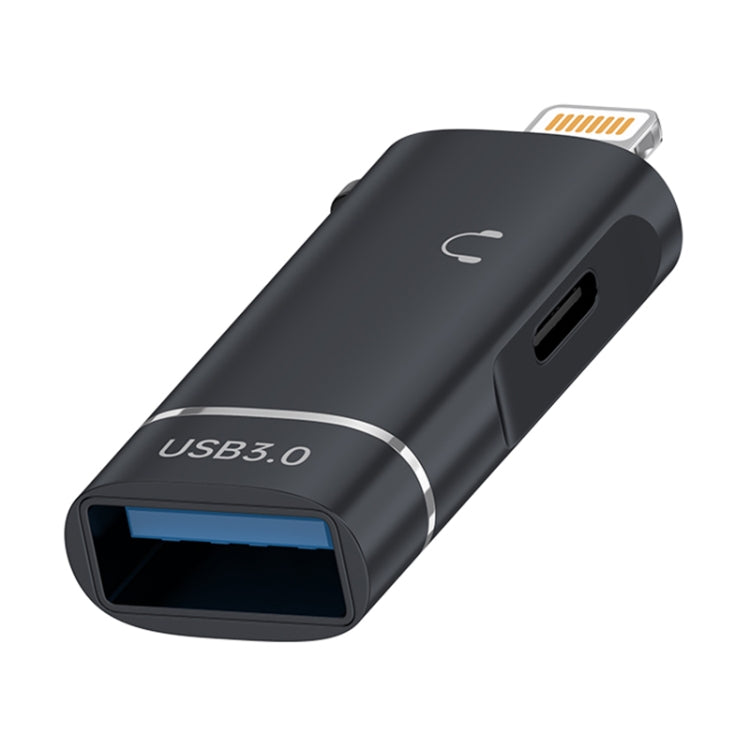 2 in 1 8 Pin to USB and Type-C Earphone Adapter(Black) - Earphone Adapter by buy2fix | Online Shopping UK | buy2fix