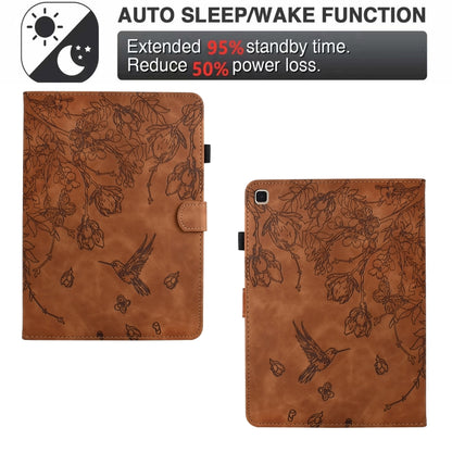 For iPad 10.2 2021 / 10.5 2019 Flowers and Bird Embossed Smart Leather Tablet Case(Brown) - iPad 10.2 Cases by buy2fix | Online Shopping UK | buy2fix