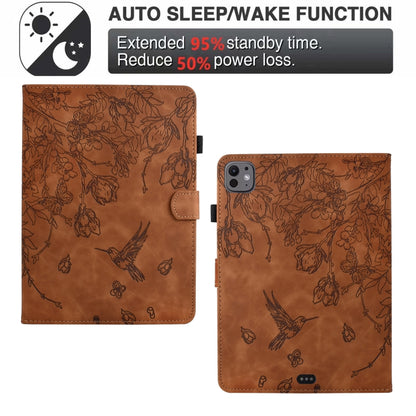 For iPad Pro 11 2024 Flowers and Bird Embossed Smart Leather Tablet Case(Brown) - iPad Pro 11 2024 Cases by buy2fix | Online Shopping UK | buy2fix
