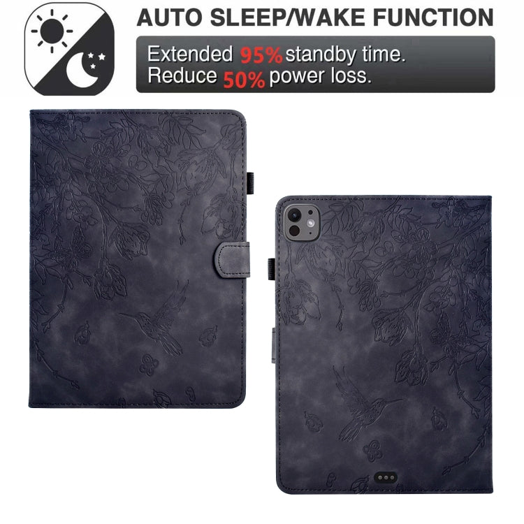 For iPad Pro 11 2024 Flowers and Bird Embossed Smart Leather Tablet Case(Black) - iPad Pro 11 2024 Cases by buy2fix | Online Shopping UK | buy2fix