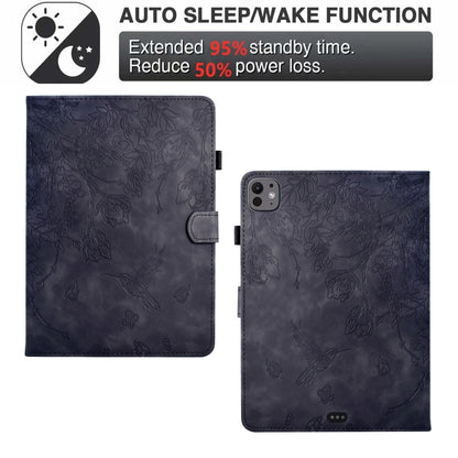 For iPad Pro 11 2024 Flowers and Bird Embossed Smart Leather Tablet Case(Black) - iPad Pro 11 2024 Cases by buy2fix | Online Shopping UK | buy2fix