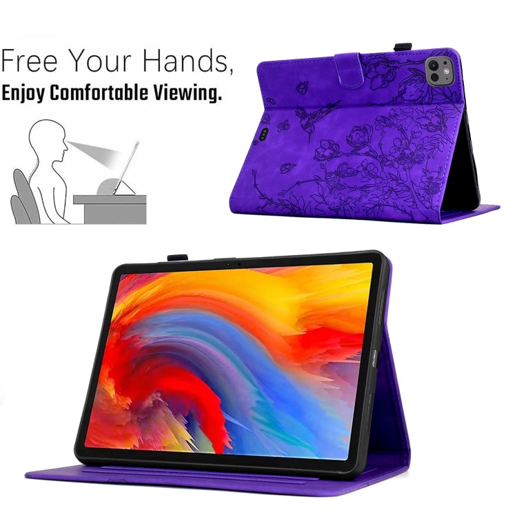 For iPad Pro 11 2024 Flowers and Bird Embossed Smart Leather Tablet Case(Purple) - iPad Pro 11 2024 Cases by buy2fix | Online Shopping UK | buy2fix