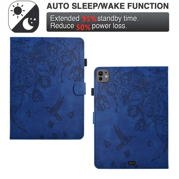 For iPad Pro 11 2024 Flowers and Bird Embossed Smart Leather Tablet Case(Dark Blue) - iPad Pro 11 2024 Cases by buy2fix | Online Shopping UK | buy2fix