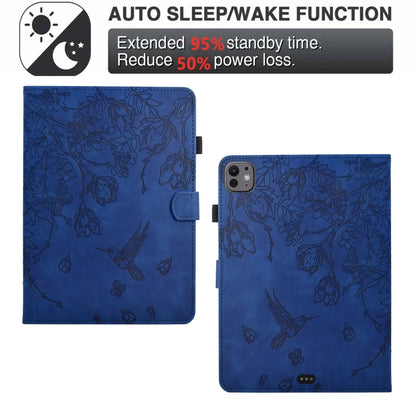 For iPad Pro 11 2024 Flowers and Bird Embossed Smart Leather Tablet Case(Dark Blue) - iPad Pro 11 2024 Cases by buy2fix | Online Shopping UK | buy2fix