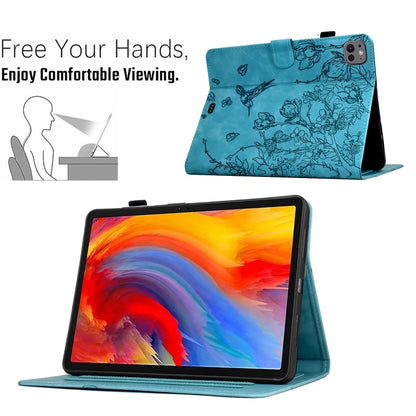 For iPad Pro 11 2024 Flowers and Bird Embossed Smart Leather Tablet Case(Light Blue) - iPad Pro 11 2024 Cases by buy2fix | Online Shopping UK | buy2fix