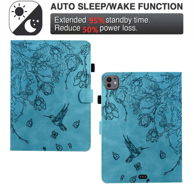 For iPad Pro 11 2024 Flowers and Bird Embossed Smart Leather Tablet Case(Light Blue) - iPad Pro 11 2024 Cases by buy2fix | Online Shopping UK | buy2fix