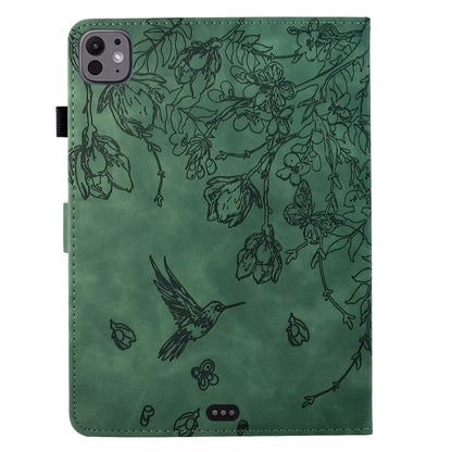 For iPad Pro 11 2024 Flowers and Bird Embossed Smart Leather Tablet Case(Green) - iPad Pro 11 2024 Cases by buy2fix | Online Shopping UK | buy2fix