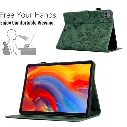 For iPad Pro 11 2024 Flowers and Bird Embossed Smart Leather Tablet Case(Green) - iPad Pro 11 2024 Cases by buy2fix | Online Shopping UK | buy2fix