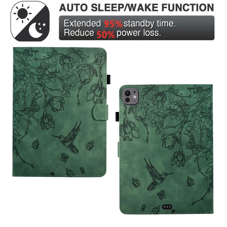 For iPad Pro 11 2024 Flowers and Bird Embossed Smart Leather Tablet Case(Green) - iPad Pro 11 2024 Cases by buy2fix | Online Shopping UK | buy2fix