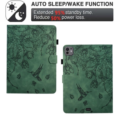 For iPad Pro 11 2024 Flowers and Bird Embossed Smart Leather Tablet Case(Green) - iPad Pro 11 2024 Cases by buy2fix | Online Shopping UK | buy2fix