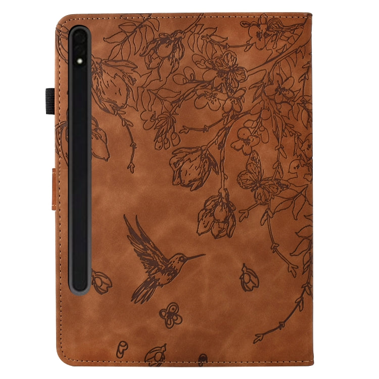For Samsung Galaxy Tab S7 / S8 Flowers and Bird Embossed Smart Leather Tablet Case(Brown) by buy2fix
