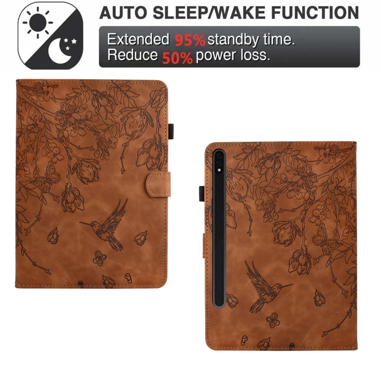 For Samsung Galaxy Tab S7 / S8 Flowers and Bird Embossed Smart Leather Tablet Case(Brown) by buy2fix