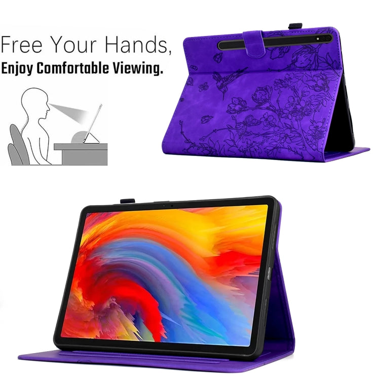 For Samsung Galaxy Tab S7 / S8 Flowers and Bird Embossed Smart Leather Tablet Case(Purple) by buy2fix
