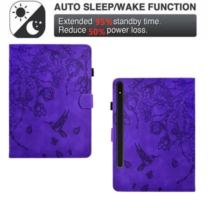 For Samsung Galaxy Tab S7 / S8 Flowers and Bird Embossed Smart Leather Tablet Case(Purple) by buy2fix