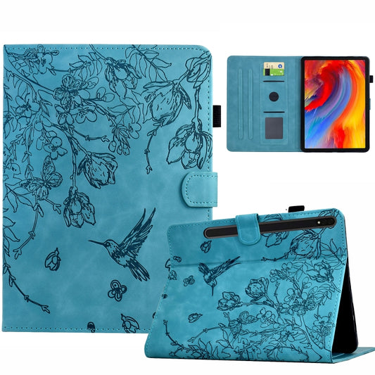 For Samsung Galaxy Tab S7 / S8 Flowers and Bird Embossed Smart Leather Tablet Case(Light Blue) by buy2fix