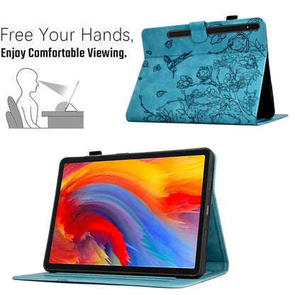 For Samsung Galaxy Tab S7 / S8 Flowers and Bird Embossed Smart Leather Tablet Case(Light Blue) by buy2fix