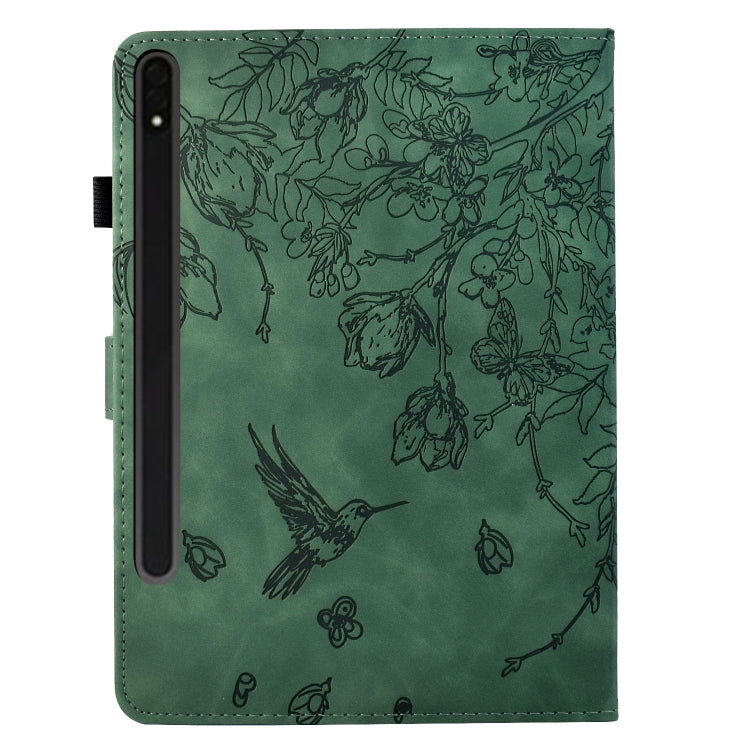 For Samsung Galaxy Tab S7 / S8 Flowers and Bird Embossed Smart Leather Tablet Case(Green) by buy2fix
