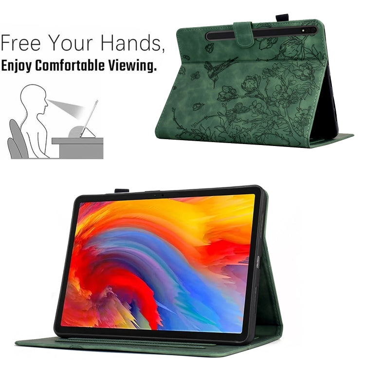 For Samsung Galaxy Tab S7 / S8 Flowers and Bird Embossed Smart Leather Tablet Case(Green) by buy2fix