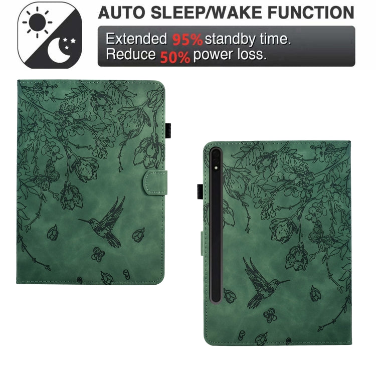 For Samsung Galaxy Tab S7 / S8 Flowers and Bird Embossed Smart Leather Tablet Case(Green) by buy2fix