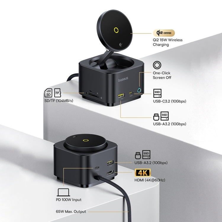 Baseus MagPro Series II 7 in 1 HUB Docking Station Magnetic Wireless Charger 15W(Black) - USB HUB by Baseus | Online Shopping UK | buy2fix