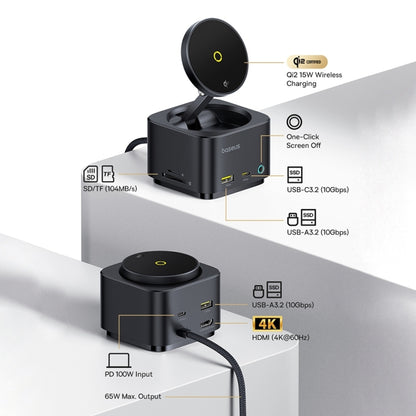 Baseus MagPro Series II 7 in 1 HUB Docking Station Magnetic Wireless Charger 15W(Black) - USB HUB by Baseus | Online Shopping UK | buy2fix