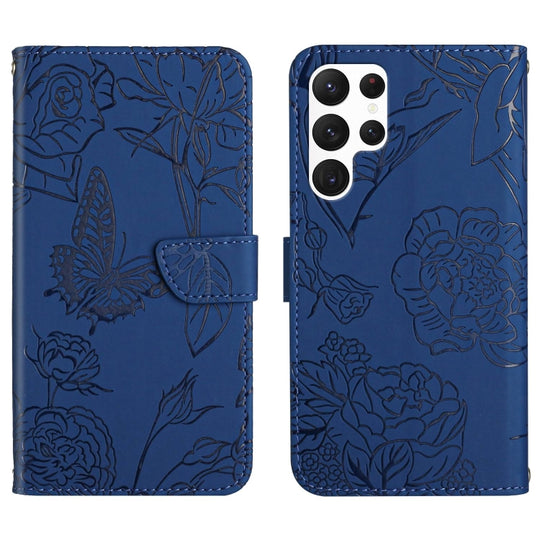 For Samsung Galaxy S25 Ultra 5G Skin Feel Butterfly Embossed Flip Leather Phone Case(Blue)