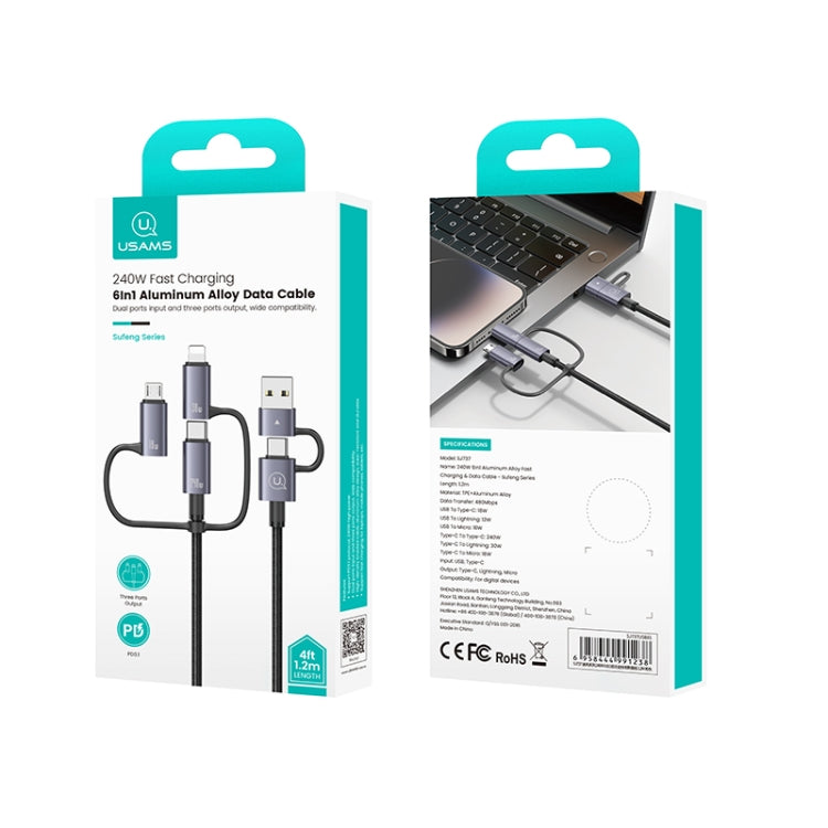 USAMS SJ738 240W 6 in 1 Aluminum Alloy Fast Data Charging Cable, Length: 2m(Gun Color) - Multifunction Cable by USAMS | Online Shopping UK | buy2fix